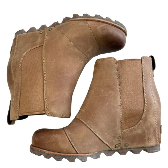 Sorel Leah Hidden Wedge Pull-On Tan Leather Ankle Booties Size 8 - Picture 8 of 16